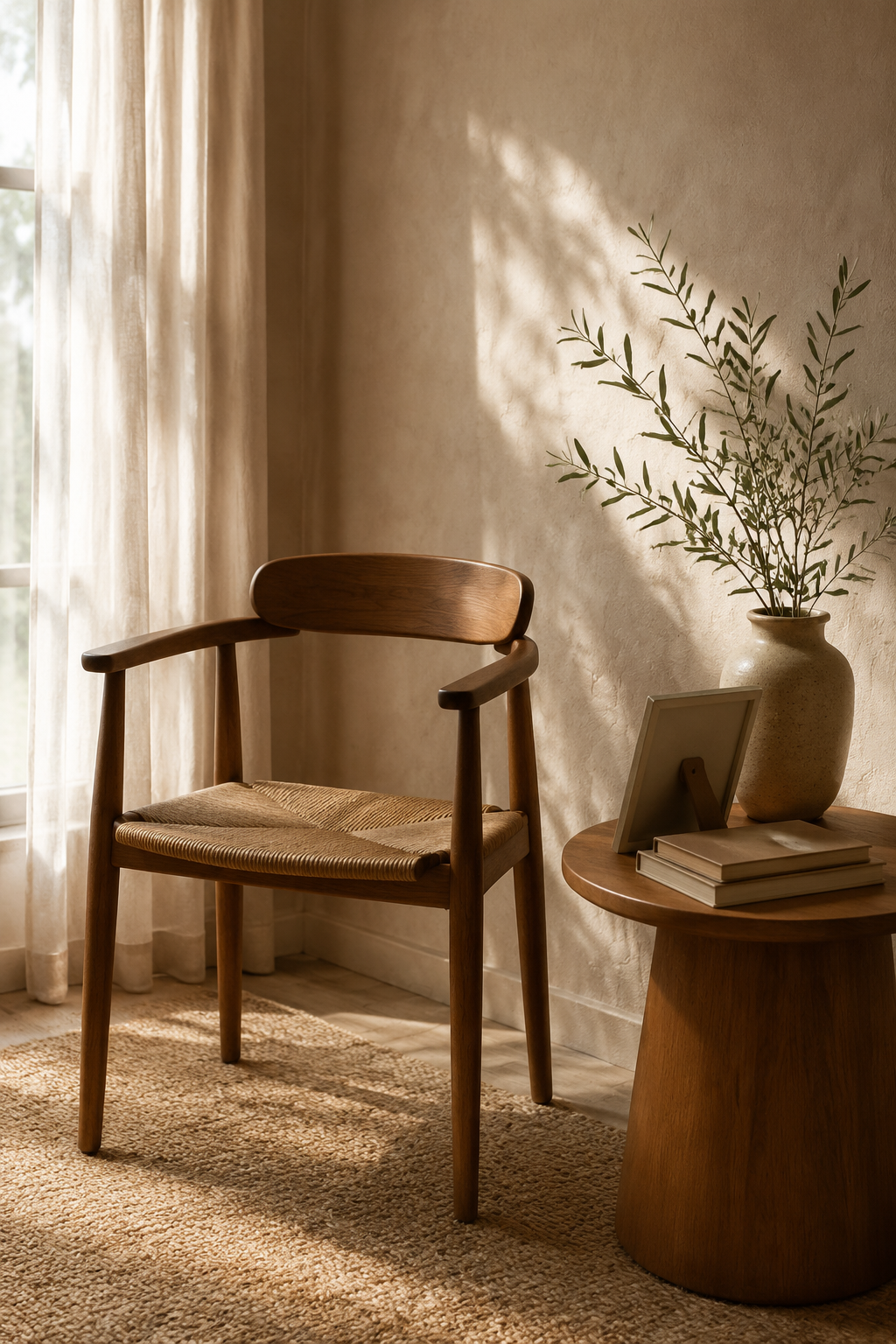 Espacio cálido con una silla vacía, libros y una rama de olivo iluminados por luz natural